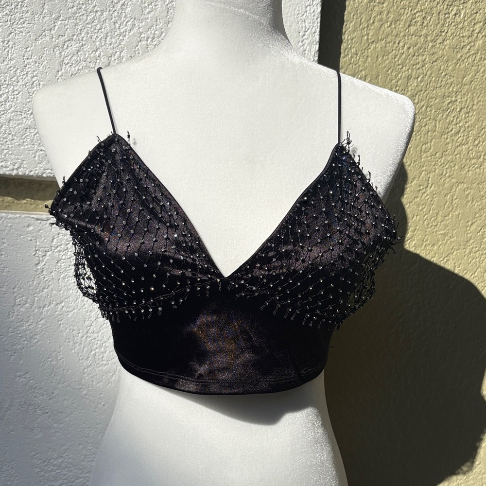 Black Rhinestone Mesh Crop Top